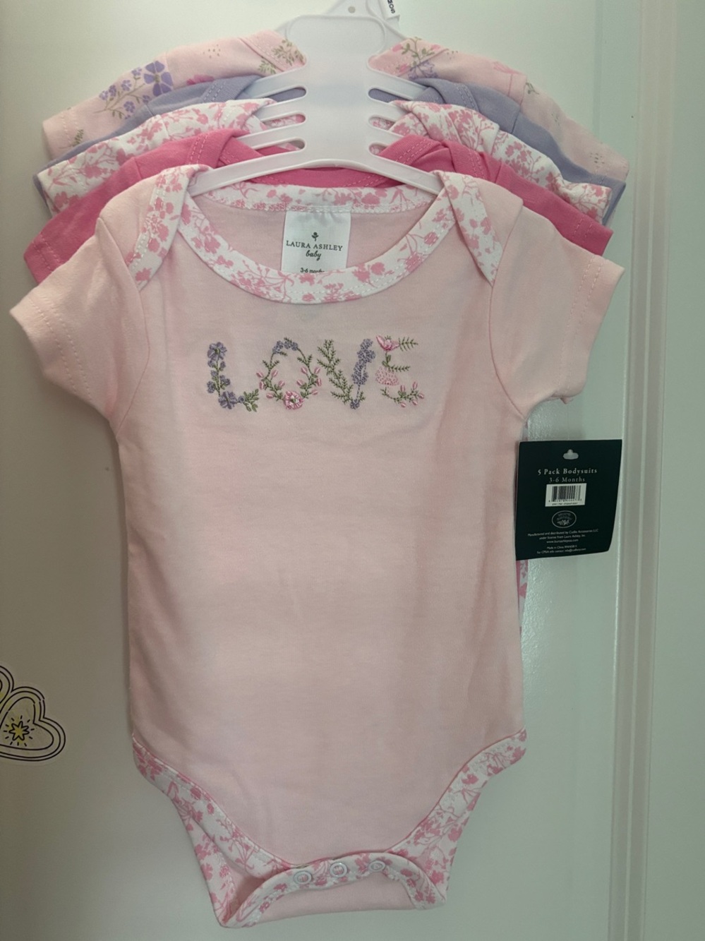 NWT set 5 Bodysuits Laura Ashley Pink Floral 'Love' Embroidered Baby Girl